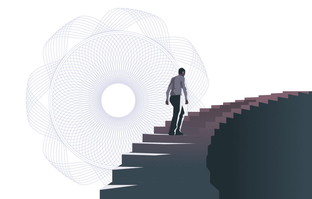 man on middle of stairs