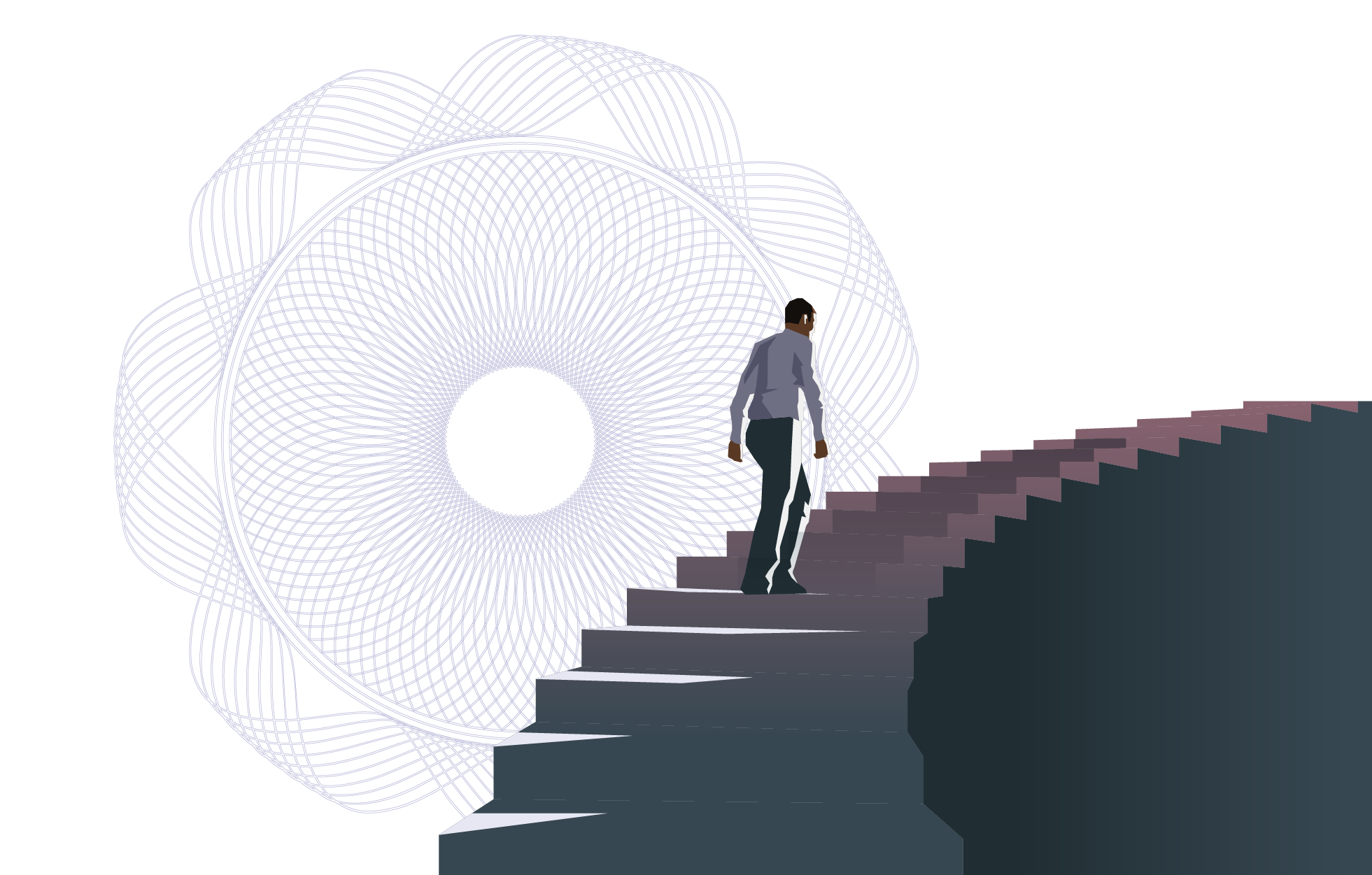 man on middle of stairs